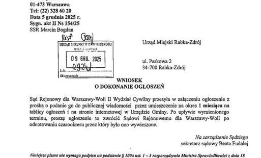 Zdjęcie do OGŁOSZENIE Sądu Rejonowego dla Warszawy-Woli w Warszawie, II Wydział Cywilny